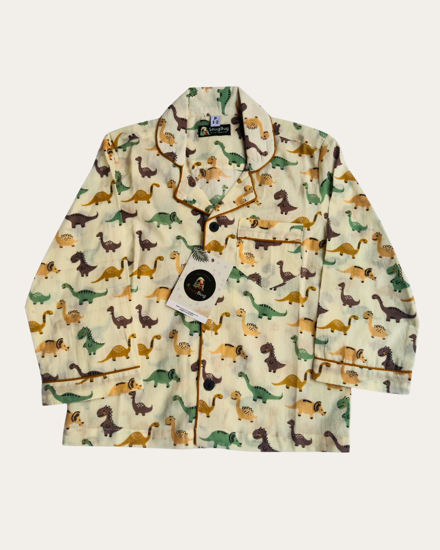 Children's jacket with dinosaur pattern on a beige background