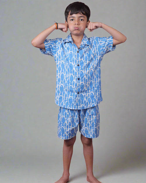 Boys pure cotton FIsh  printed sky blue Summer cotton co-ord set