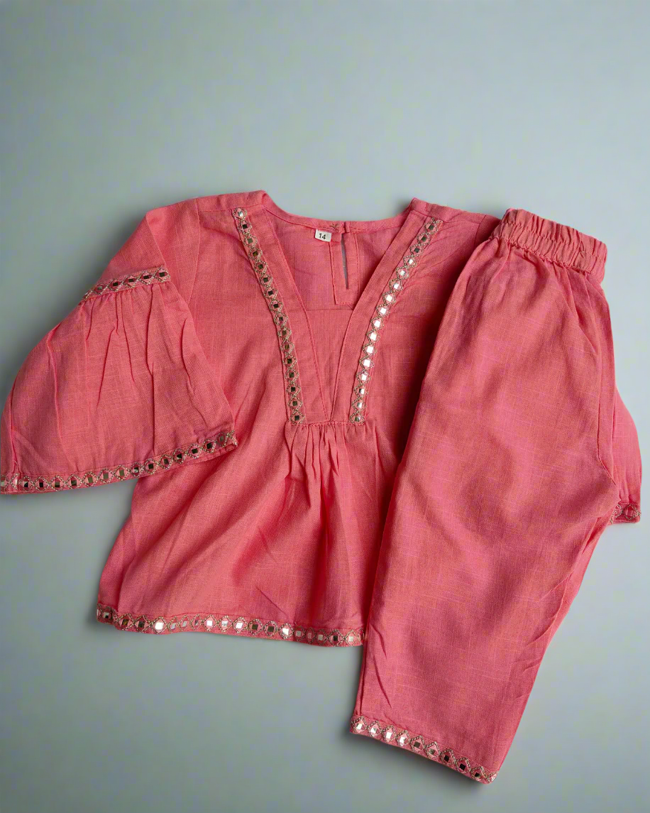 Girls Baby Pink Slub Cotton Peplum style cotton co-ord set traditional wear