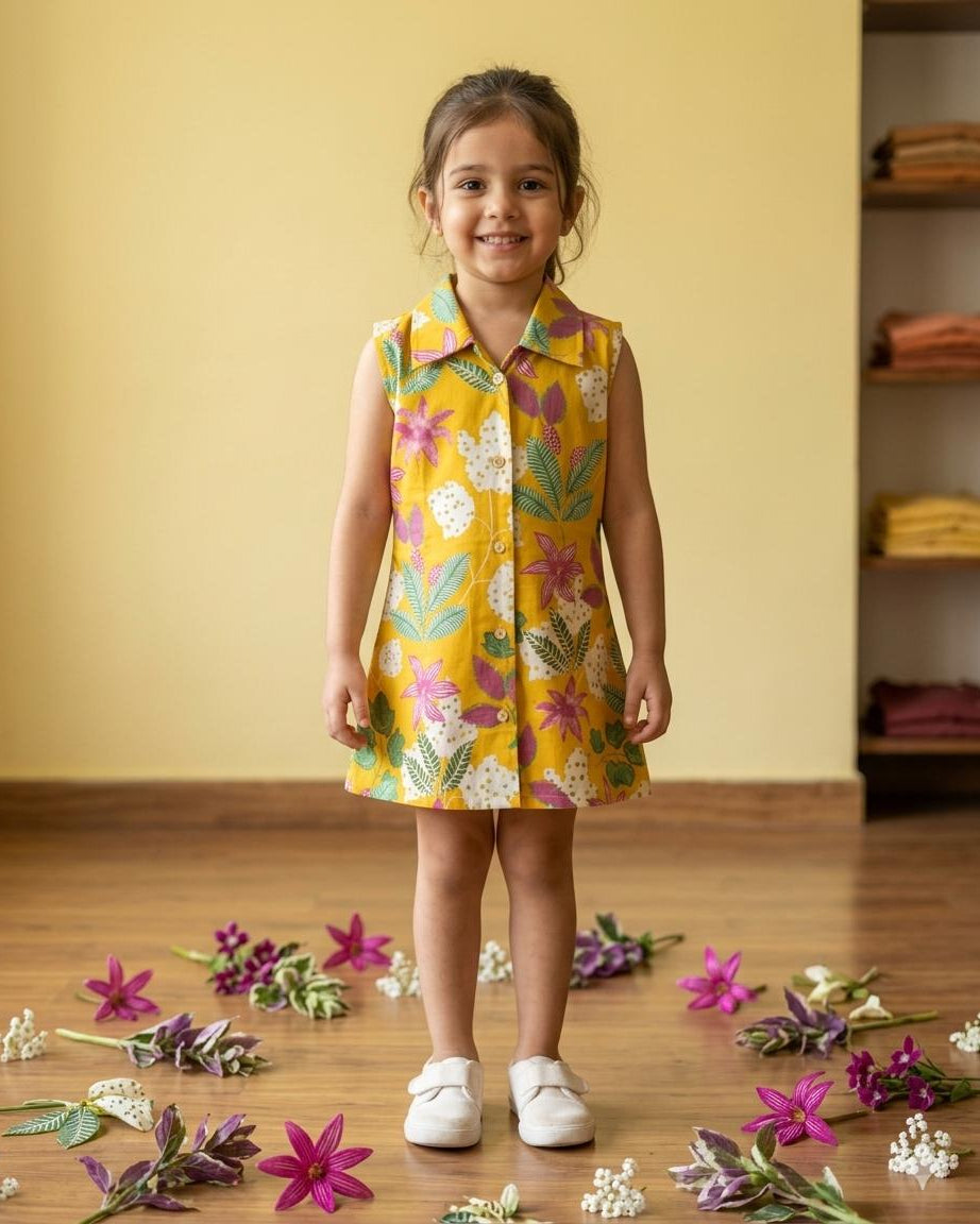 A girl wearing SnugBug'sYellow floral sleeveless shirt dress