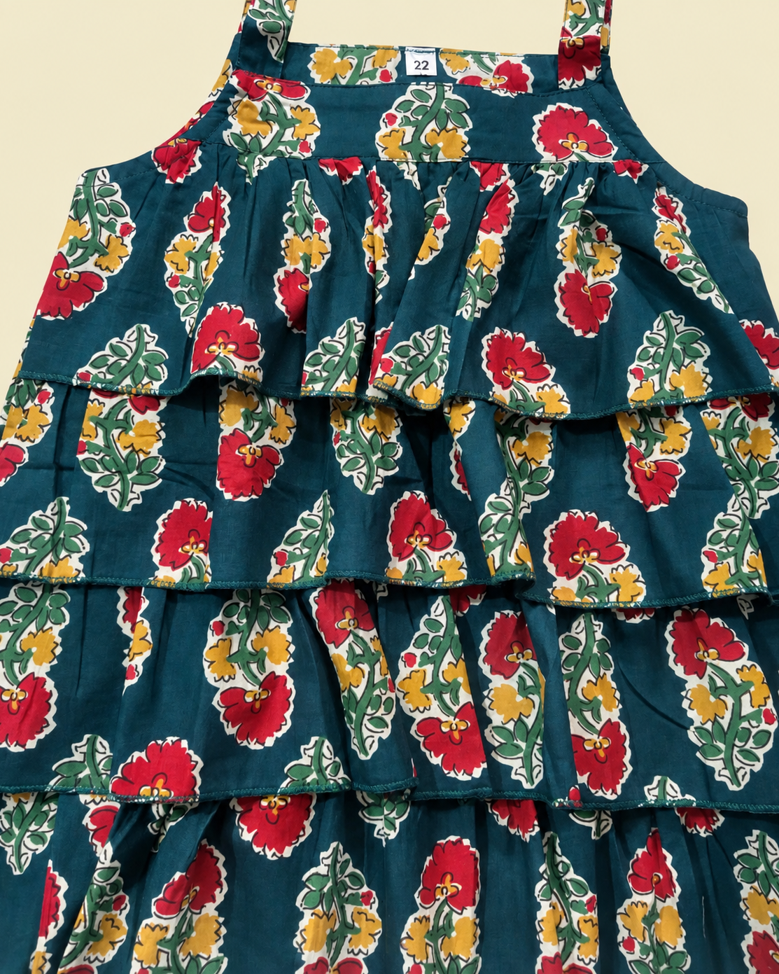 A close-up of a tiered sleeveless dress with a dark teal background and a vibrant floral print featuring red, yellow, and green flowers.