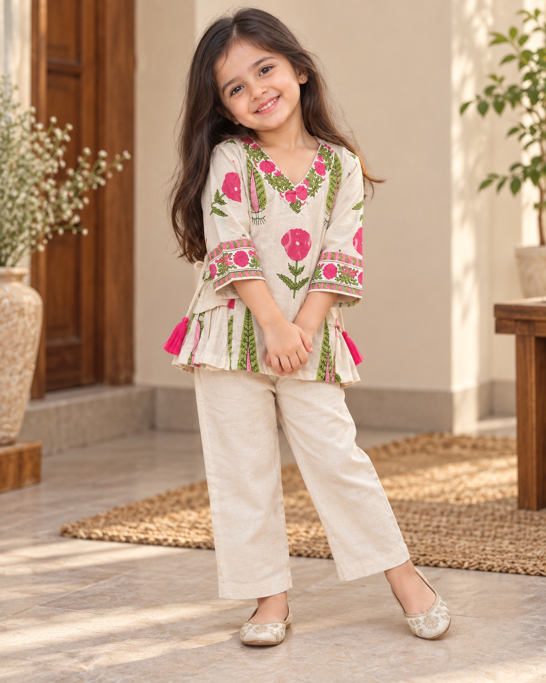 A young girl modeling a two-piece co-ord set consisting of a cream-colored kurta with pink floral painted work and green leaf patterns, paired with matching cream trousers, in a warm, sunlit courtyard setting.