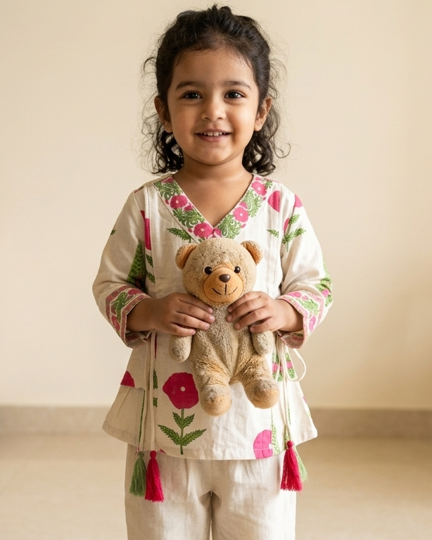 A young child stands barefoot indoors holding a small teddy bear, wearing a cream-colored two-piece pajama set with colorful floral embroidery and tassel details, from Aruvo.