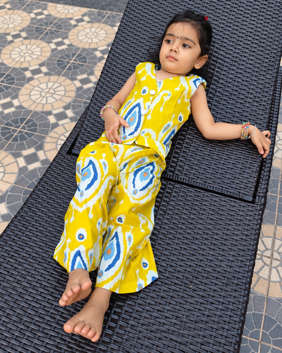 A toddler girl wearing a bright yellow sleeveless waistcoat pattern top and matching pant set with a blue and white ikat pattern, lying down.