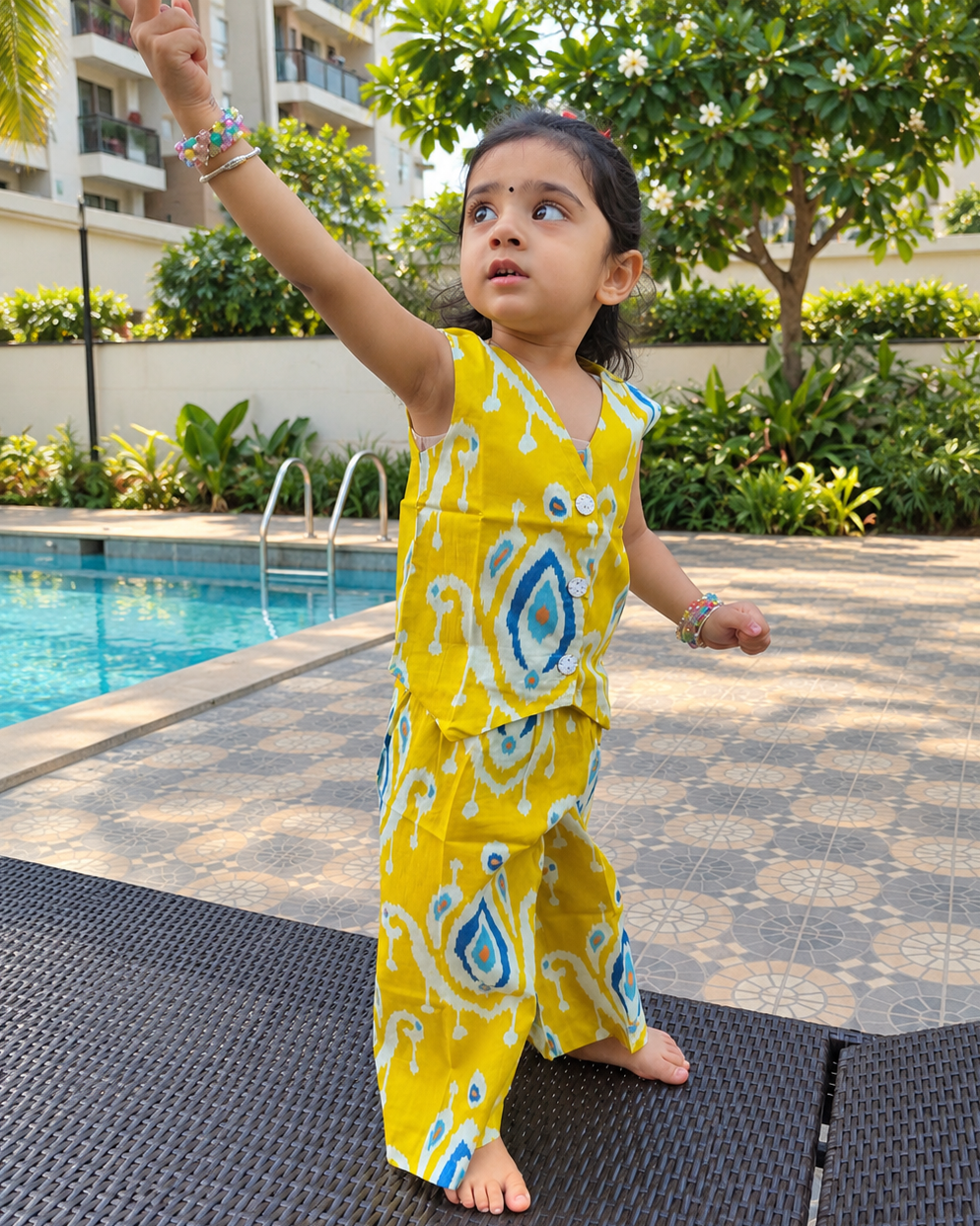A toddler girl wearing a bright yellow sleeveless waistcoat pattern top and matching pant set with a blue and white ikat pattern, standing on a patterned outdoor patio.