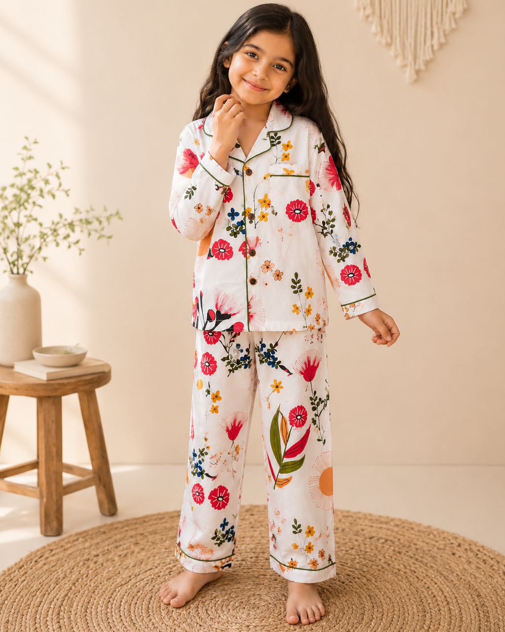 A young girl stands barefoot on a round woven rug wearing a white long-sleeve pajama set with a colorful floral and botanical print. The room has a warm neutral tone with a small wooden stool and vase in the background.