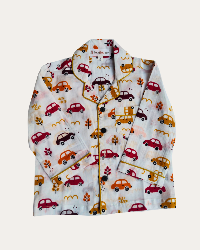 SnugBug Kids Cotton Car Printed Full Sleeve Night Suit Set with Front Open Button in Shirt and Elasticated comfortable pant