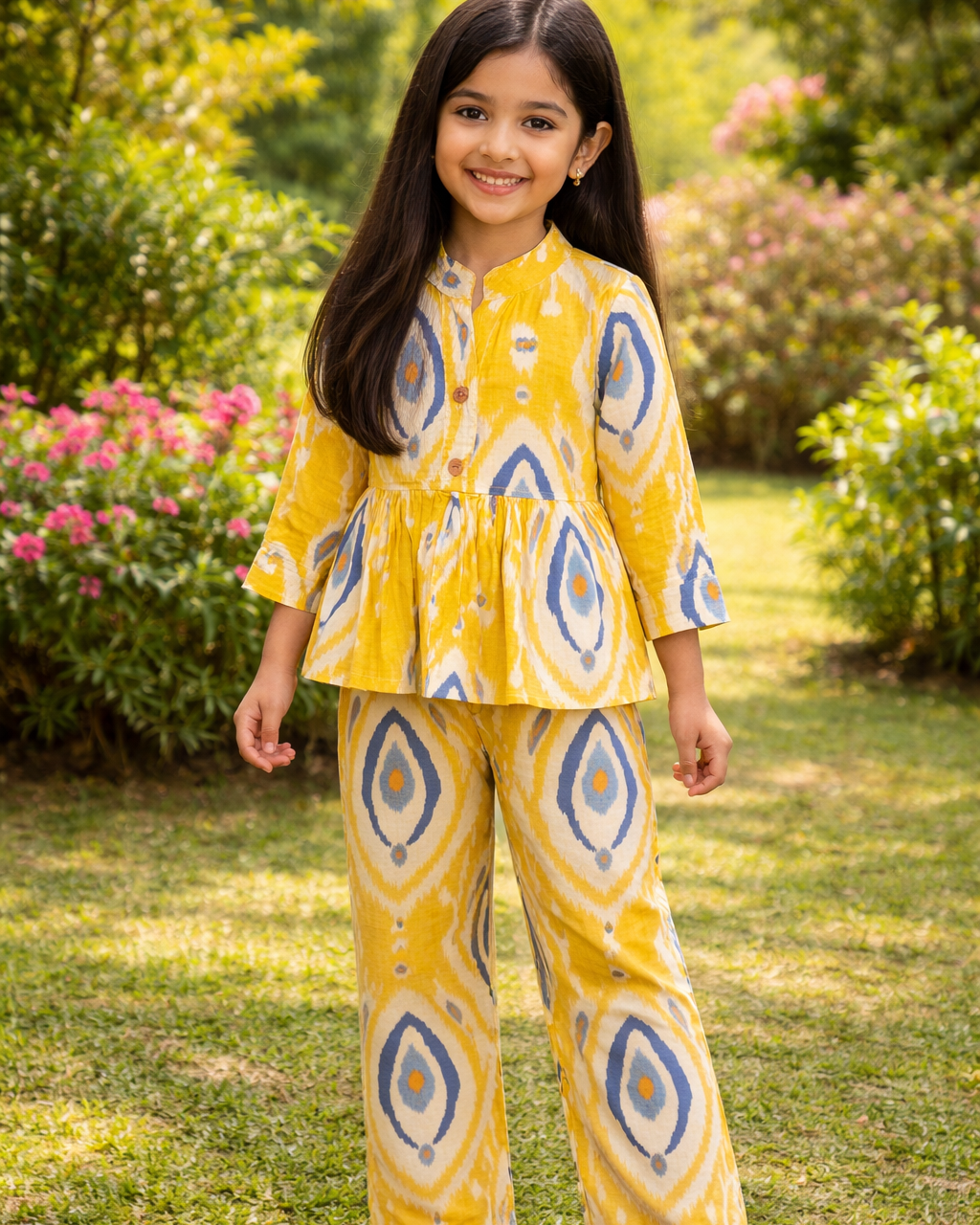 A girl s wearing SnugBug graphic printed, Pure Cotton Co-ord Set in yellow color