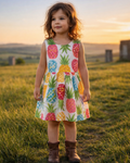 A girl wearing SnugBug's a Pure cotton fruit print summer dress 