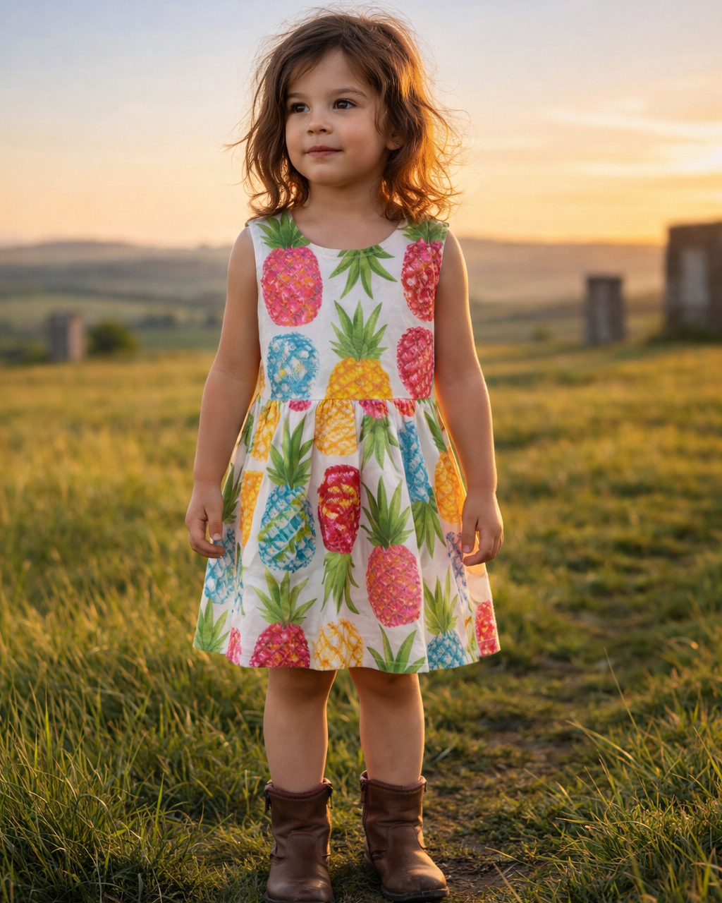 A girl wearing SnugBug's a Pure cotton fruit print summer dress 