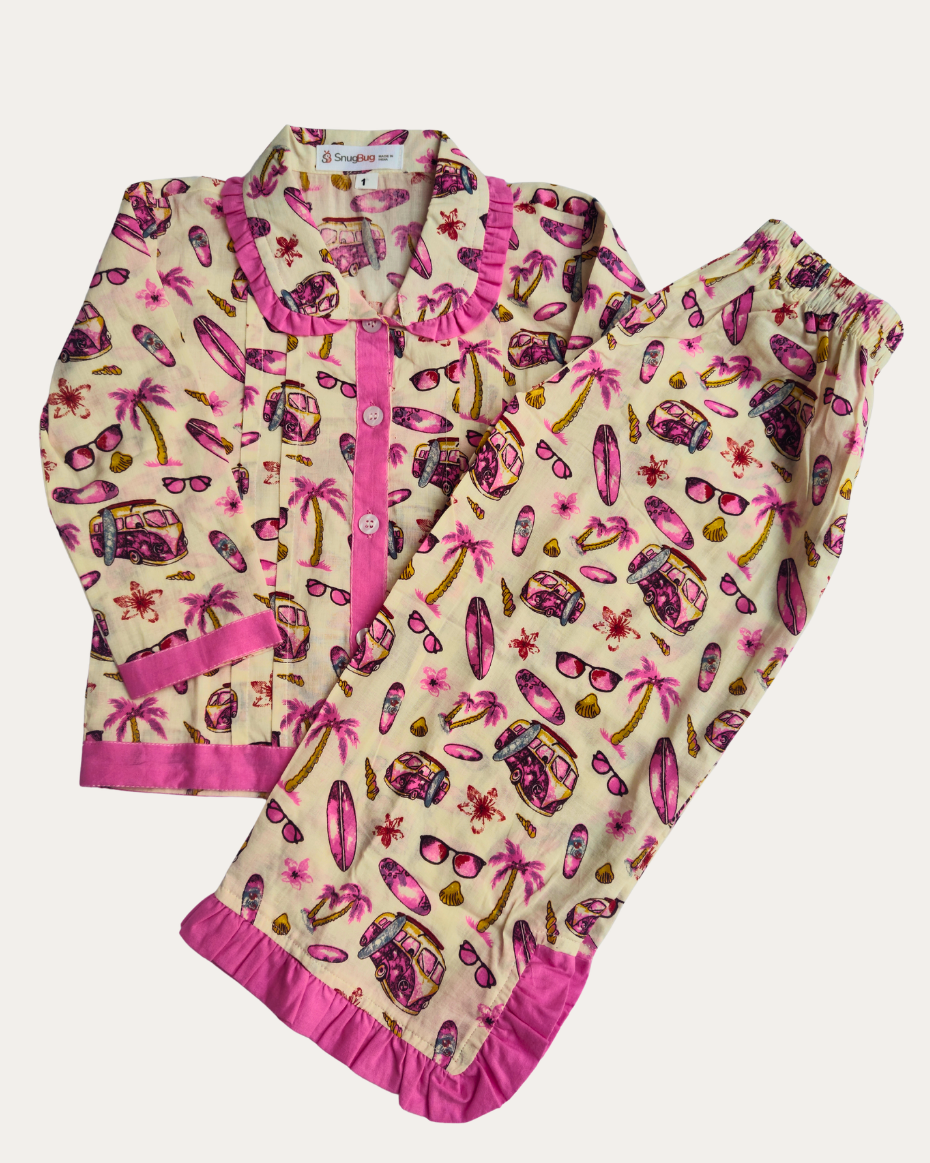 Pure Cotton Pink and Beige Girls Night Suit Set with white background
