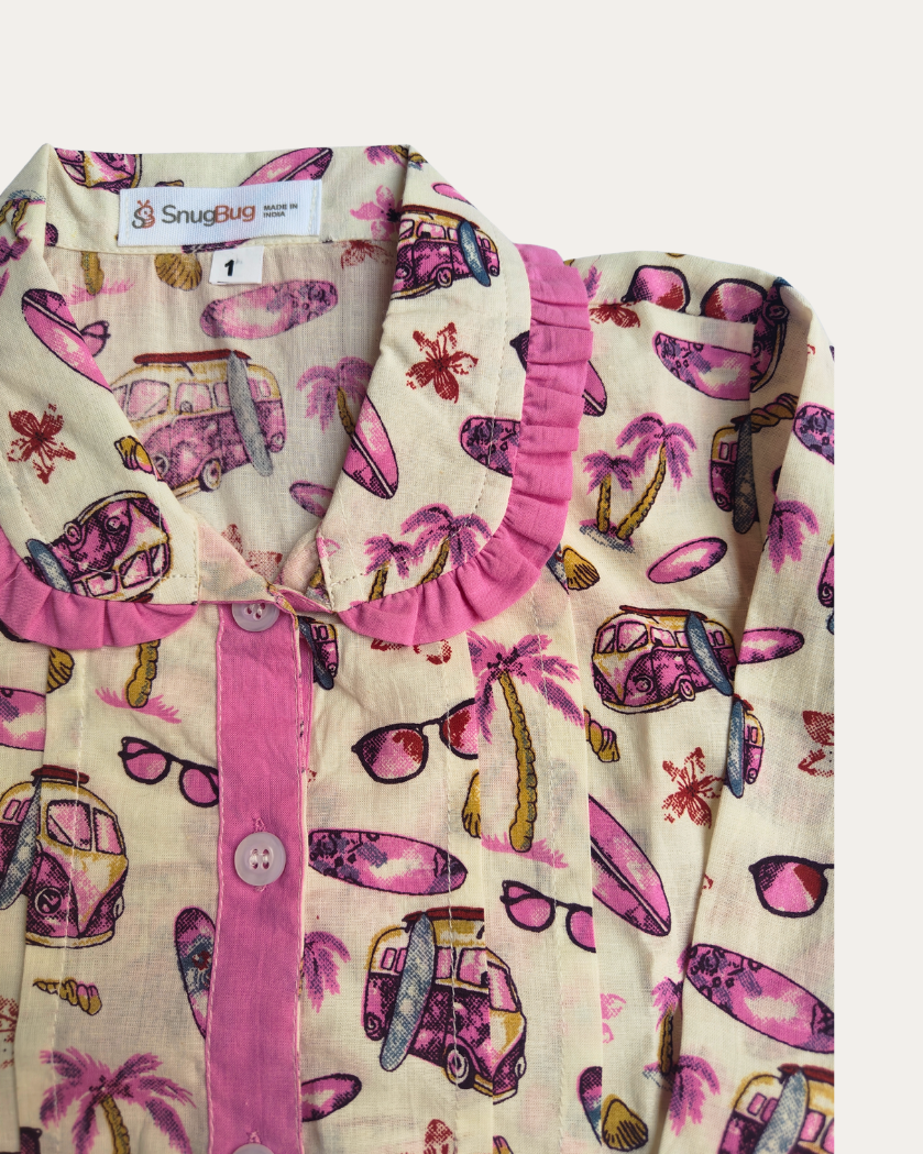Girls Premium pink and beige cotton fabric frill pajama set for summer on white background