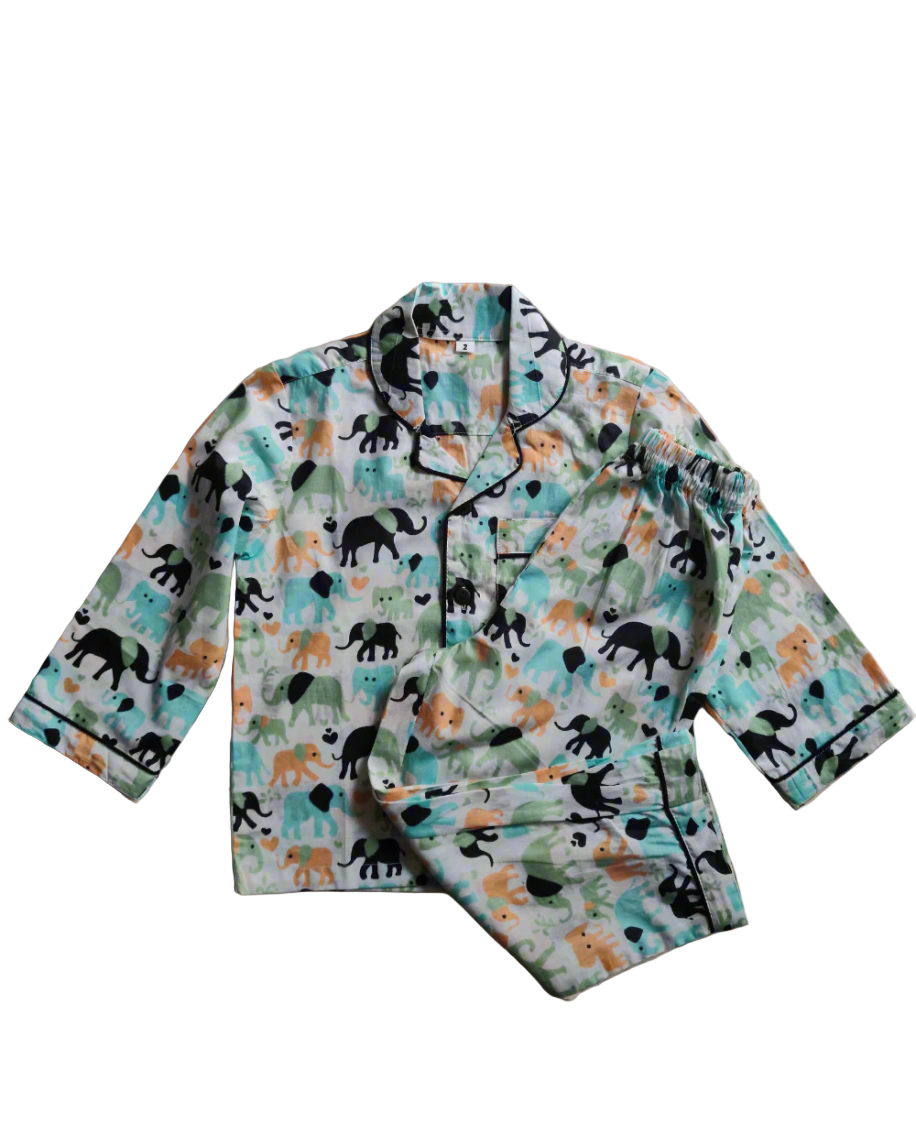 Kids Cotton Elephant Print Full Sleeve Night Suit Set