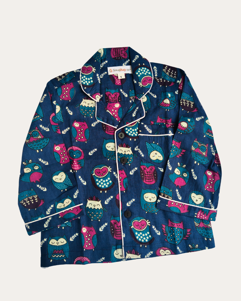 SnugBug Full Sleeve Blue Color Soft Pure Cotton Night Suit Set in beautiful owl print