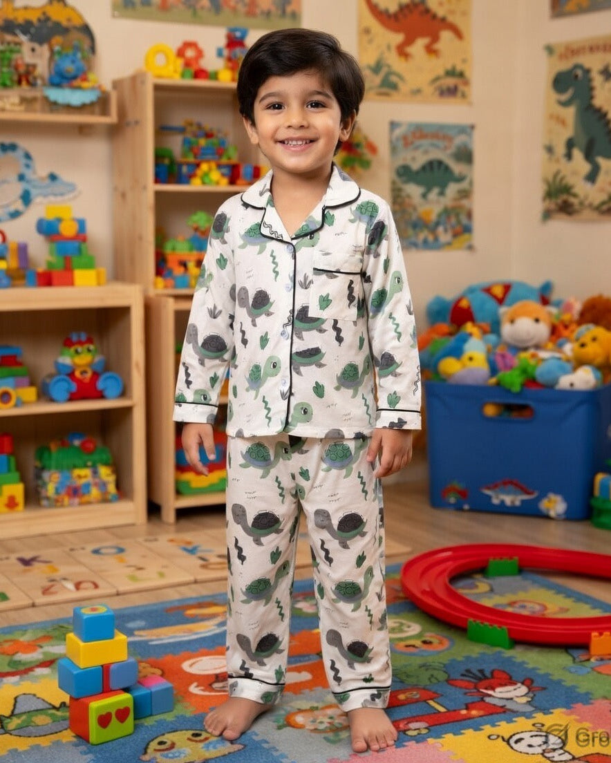 SnugBug Turtle print Purple full sleeve night suit set