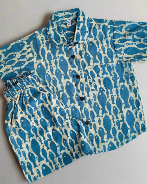 Boys pure cotton FIsh  printed sky blue Summer cotton co-ord set