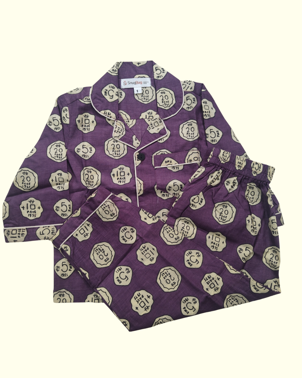 SnugBug Coin print Purple full sleeve night suit set