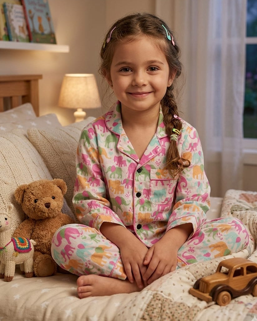 A girls is wearing full sleeve pure cotton PinkElephant print Night Suit