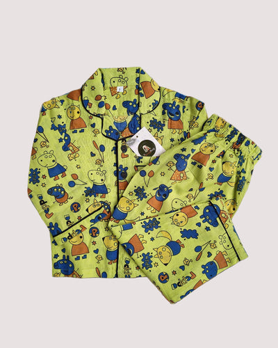 SnugBug Green Peppa Printed Full Sleeve Cotton NightSuit for boys and girls