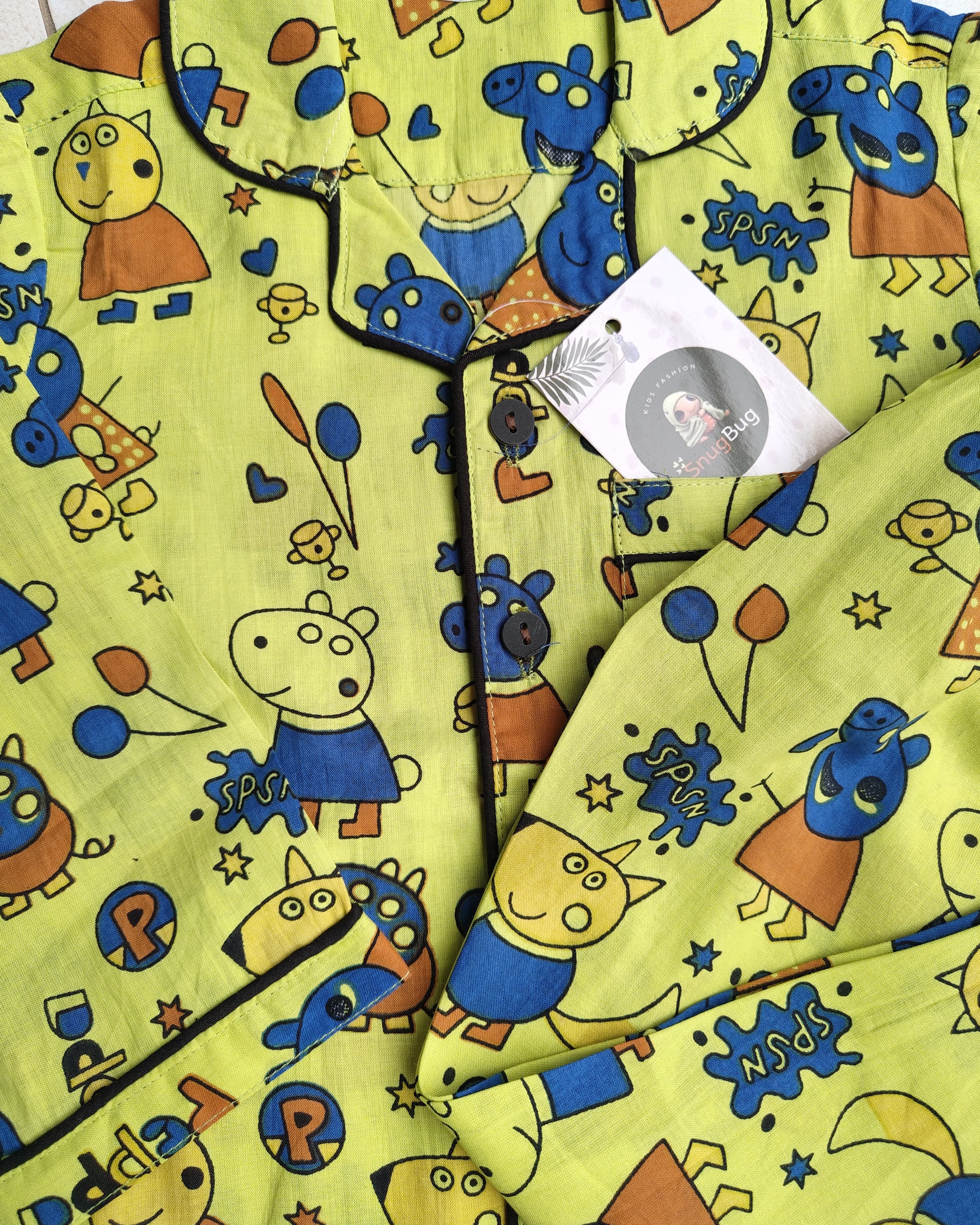 SnugBug Green Peppa Printed Full Sleeve Cotton NightSuit for boys and girls