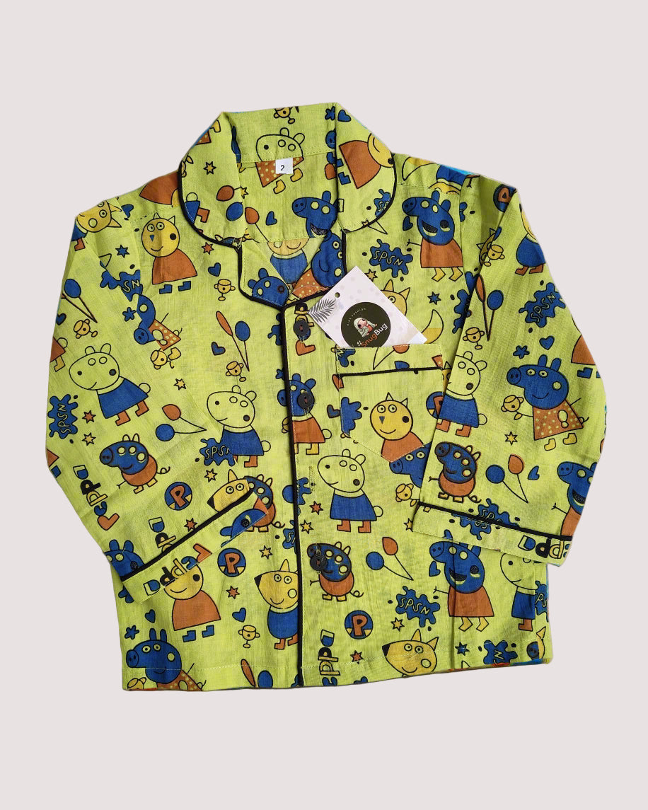 SnugBug Green Peppa Printed Full Sleeve Cotton NightSuit for boys and girls