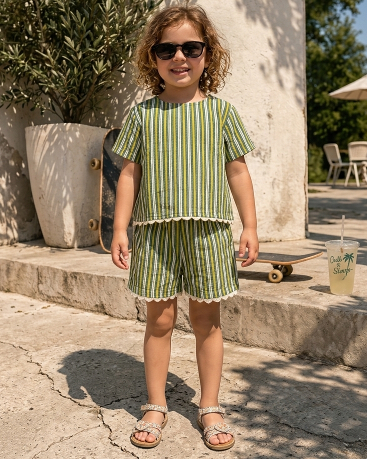 A cute girl wearing SnugBug's striped pure cotton stylish shorts set and standing near an open area 