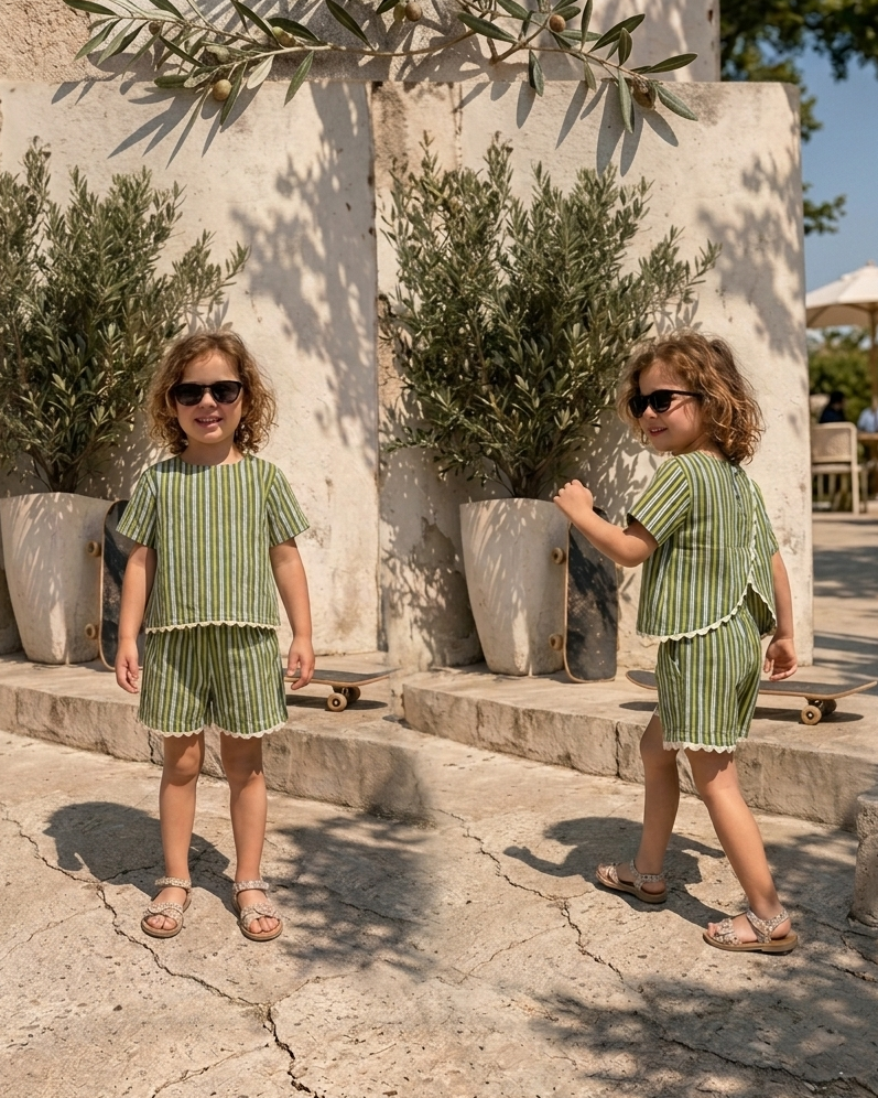 A cute girl wearing SnugBug's striped pure cotton stylish shorts set and standing near an open area 