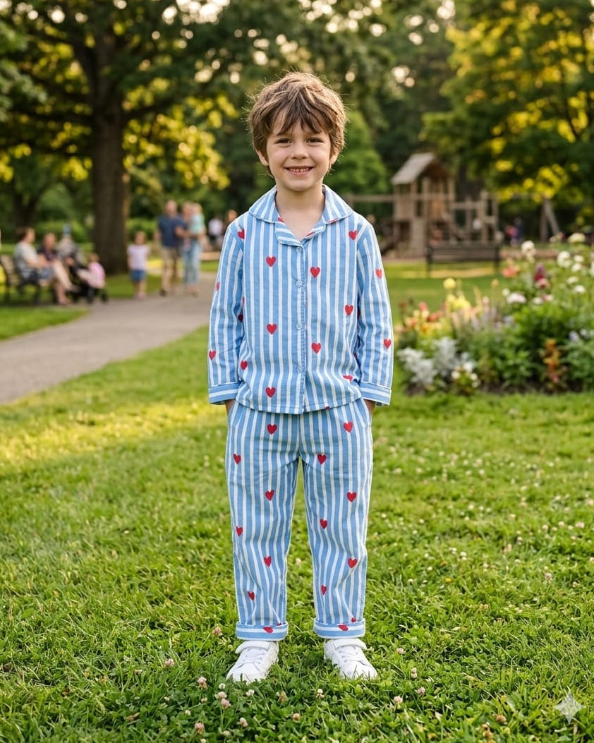 A boy wearing SnugBug striped blue color pure cotton night suit