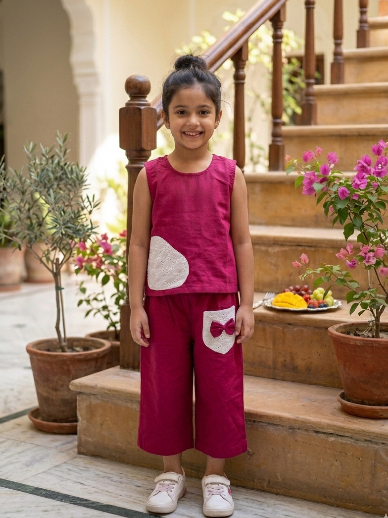 A cute wearing SnugBug's Pink sleeveless top with matching flare pant