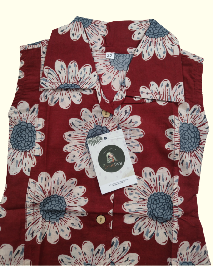 SnugBug Maroon daisy printed collared dress