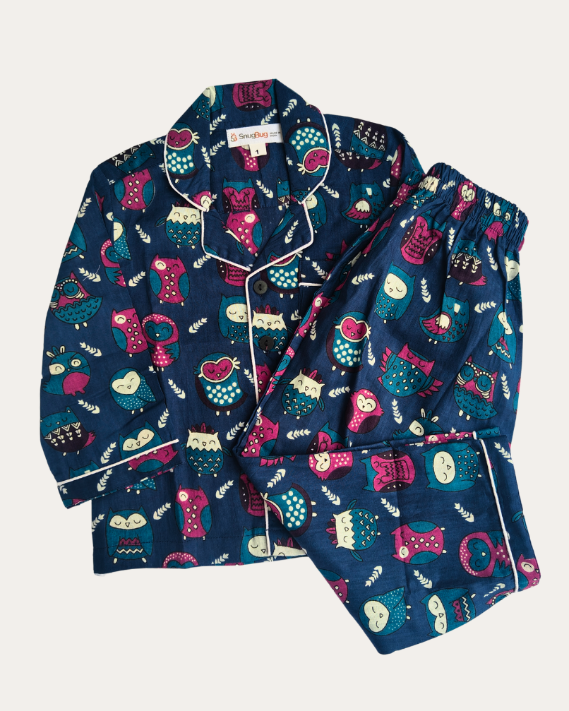 SnugBug Full Sleeve Blue Color Soft Pure Cotton Night Suit Set in beautiful owl print
