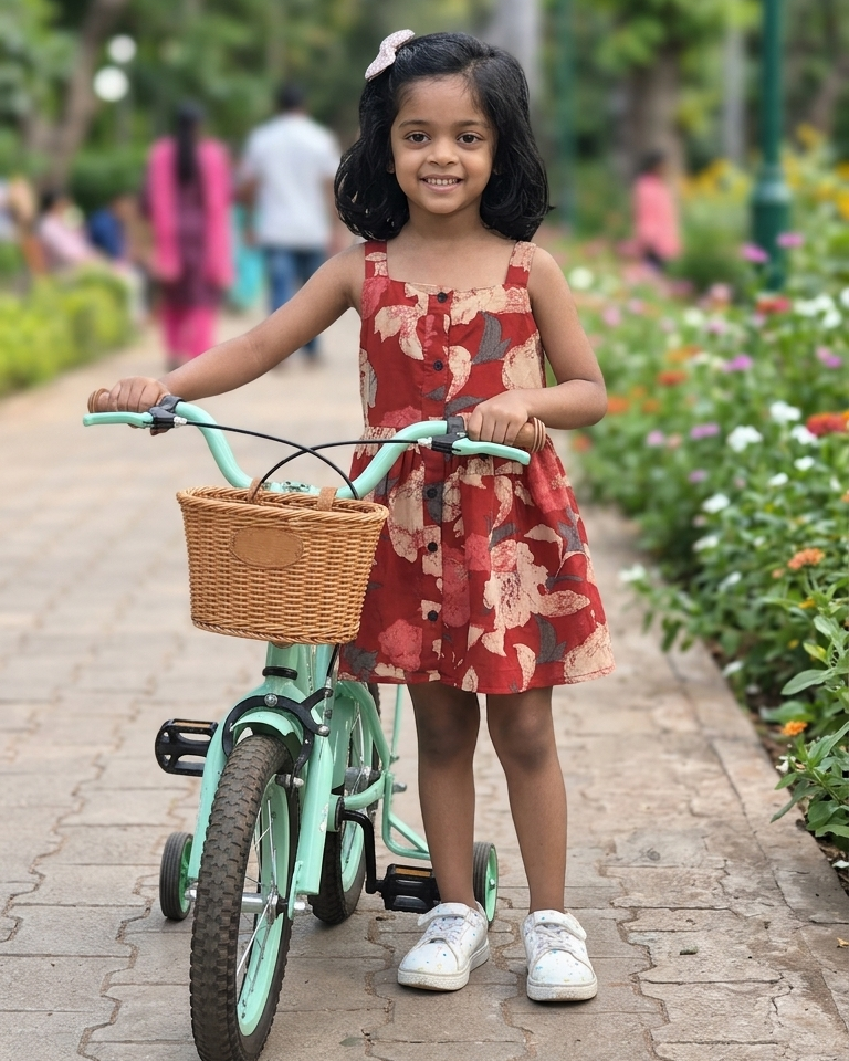 A girl wearing SnugBug Summer strap sleeve dress holding a cycle near play area