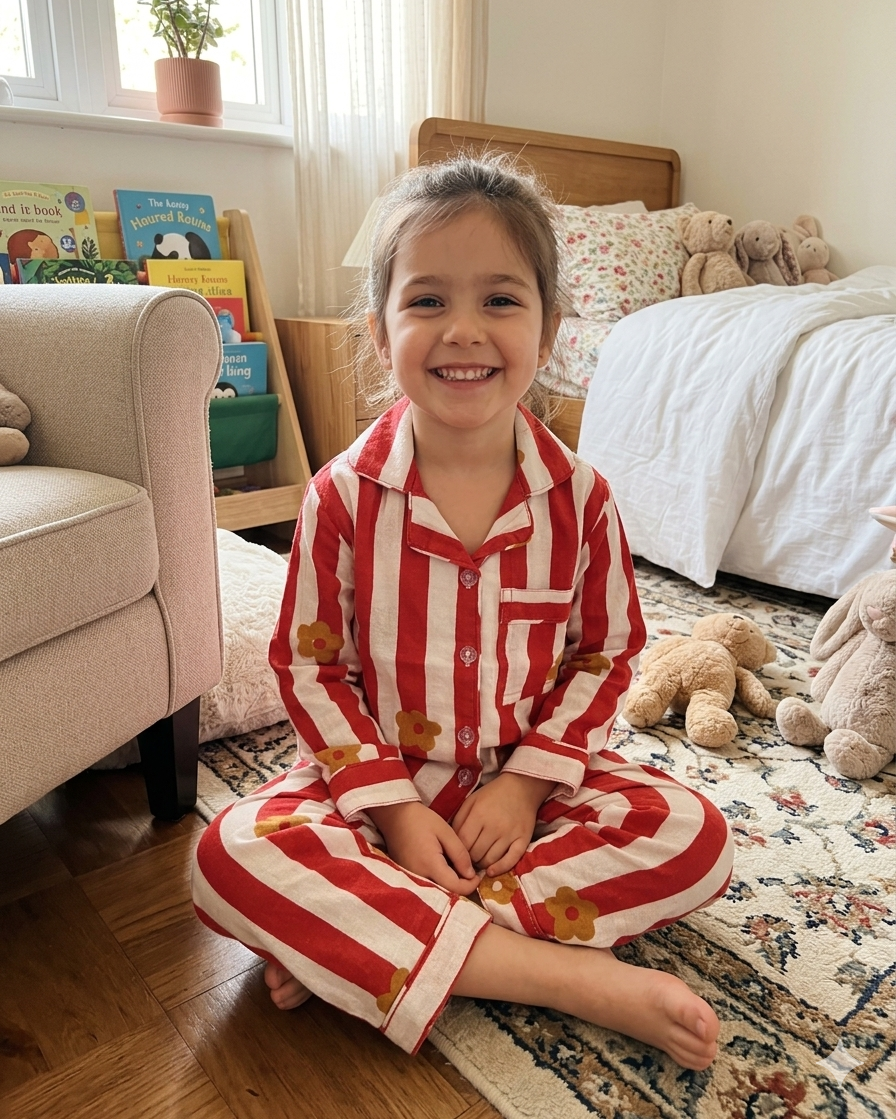 A girl wearing a striped Red and White Premium Cotton fabric Full Sleeve Night Suit Set