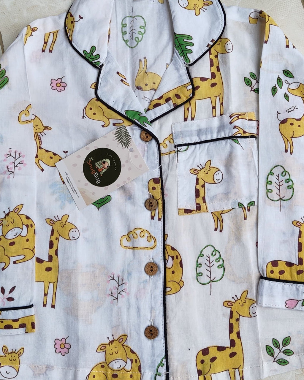 SnugBug White Giraffe Printed NightSuit  in pure cotton fabric for boys and girls