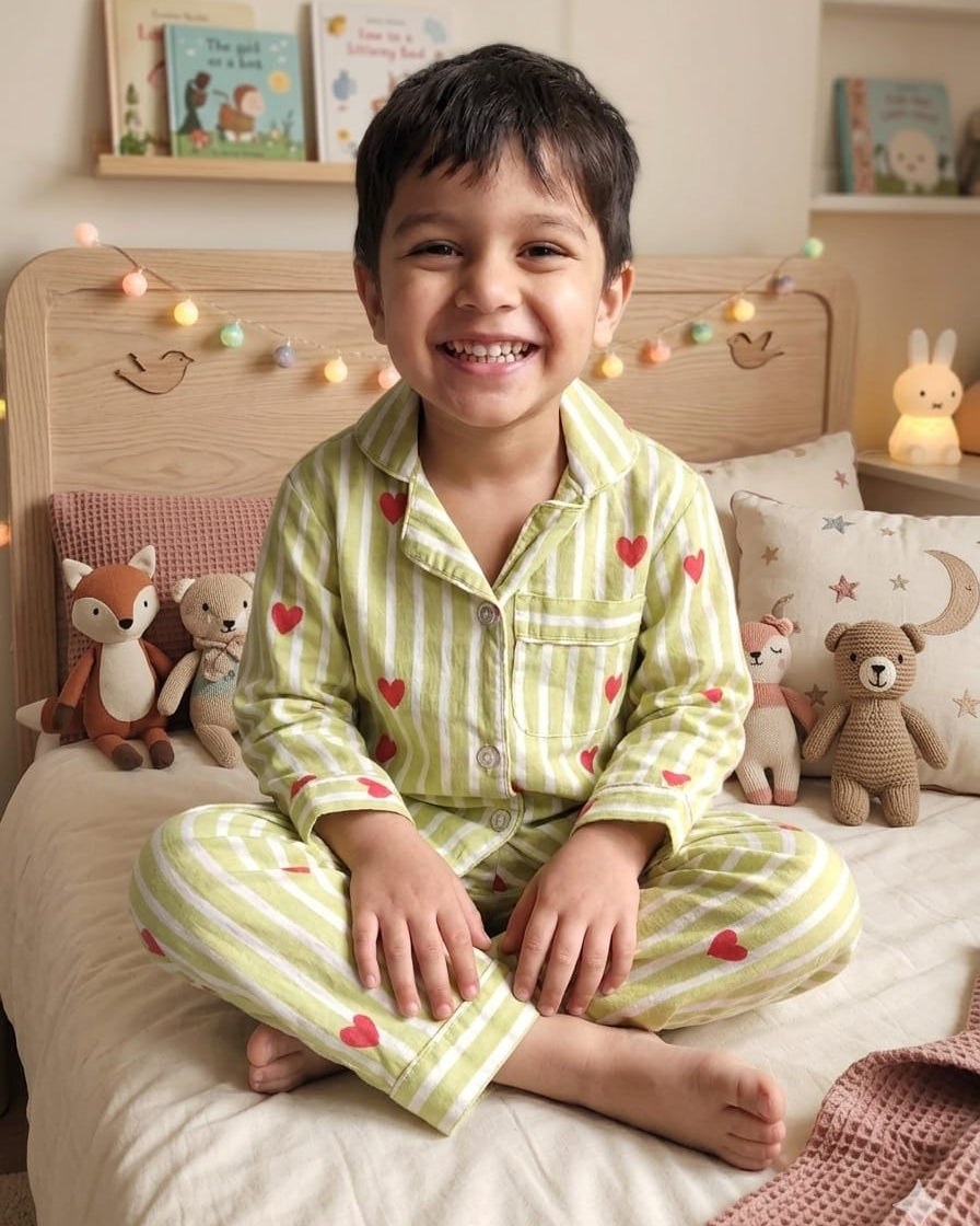 A toddler wearing green heart printed striped pure cotton unisex night suit set