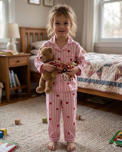 A white girl wearing SnugBug Pink Heart Printed Full Sleeve Night Suit set