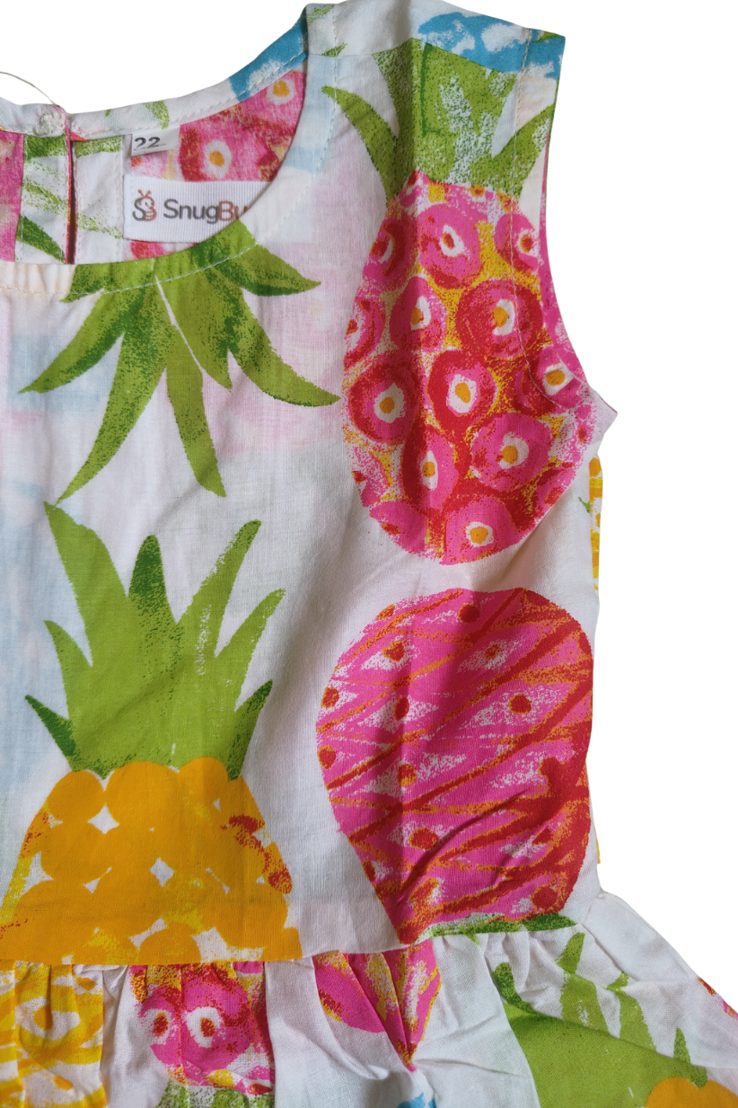 A girl wearing SnugBug's a Pure cotton fruit print summer dress 