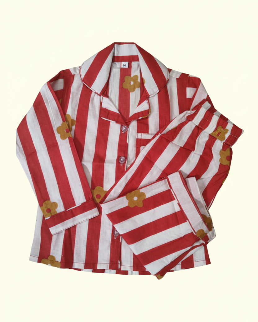 Striped Red and White Premium Cotton fabric Full Sleeve Night Suit Set