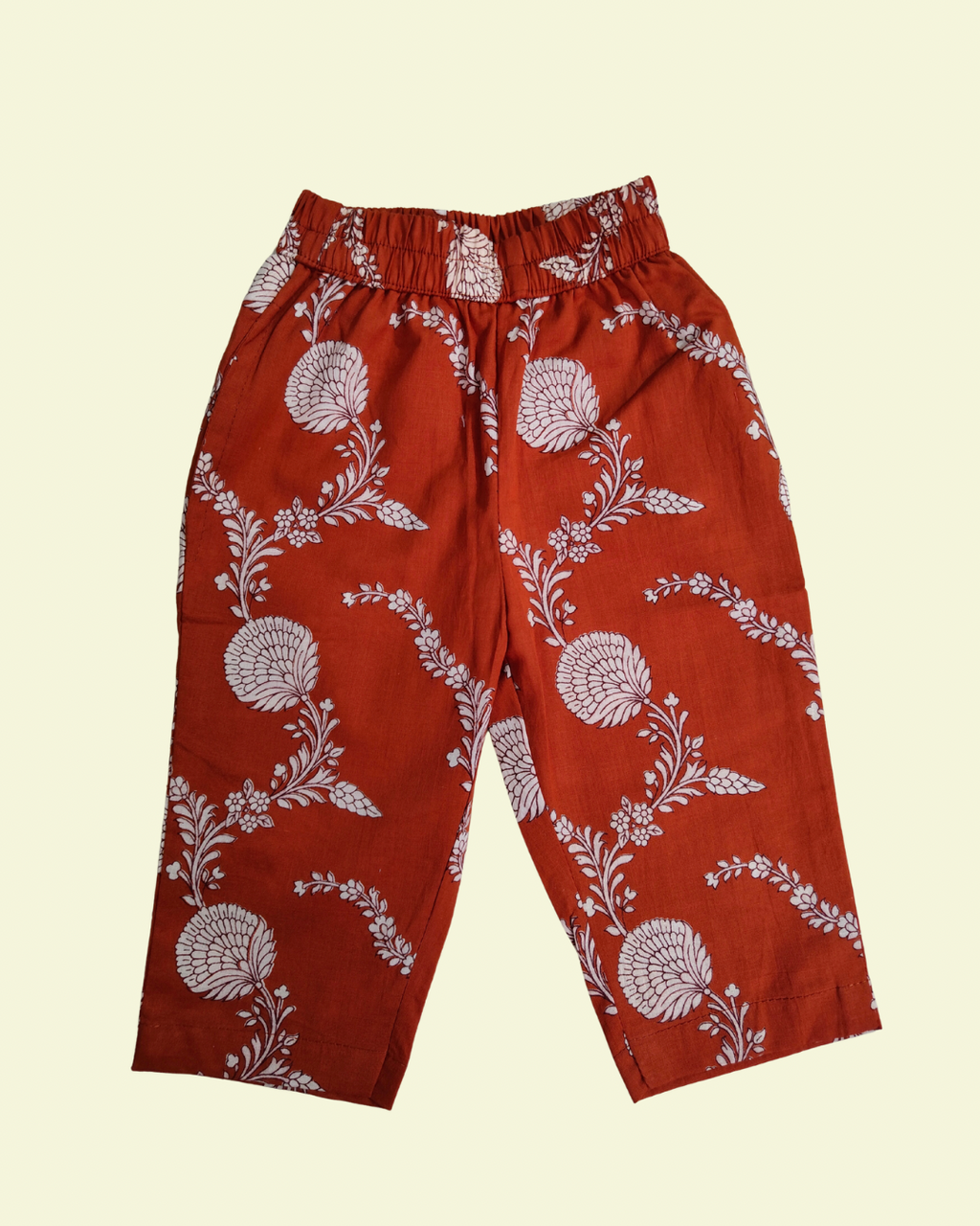 Pure cotton girls elasticated pants in breathable floral print fabric for casual wear and playdates.